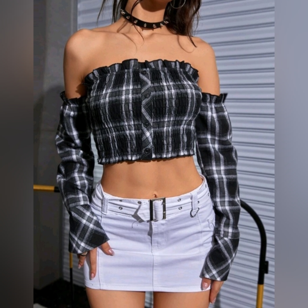 NWOT plaid frilled off shoulder button front shirred long sleeve crop top